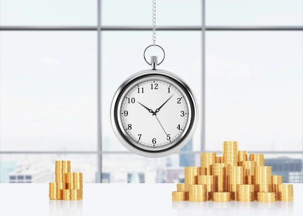 A composition of golden coins and hanging on the chain pocket watch. New York panoramic office on background. A concept of time is money or a value of time in business. 3D rendering.