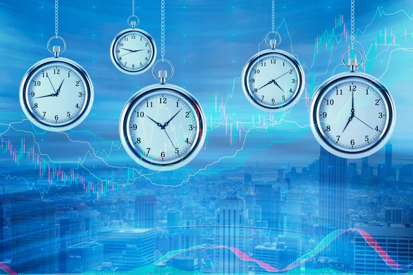 Four models of pocket watches are hovering in the air over financial graphs background. A concept of a value of time in financial markets. Forex chart. New York background. 3D rendering.