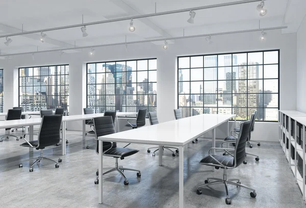Workplaces in a bright modern loft open space office. Empty tables and docents\' book shelves. New York panoramic view. A concept of a high quality consulting services. 3D rendering.