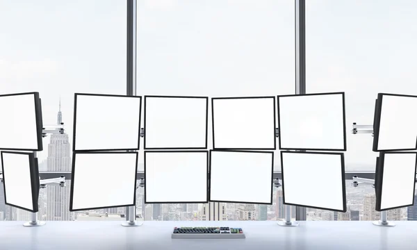 3D rendering of office with blank monitors, processing data for