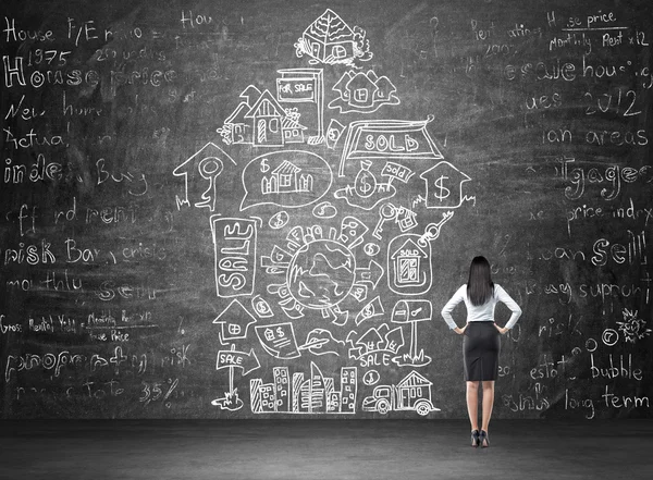 Woman with hands on hips standing in front of a blackboard with different words written and icons depicting opportunities provided by money arranged in an arrow.