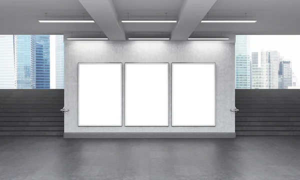 Three blank vertical billboard in the underground crossing, stairs up on both sides, Singapore seen from the street.