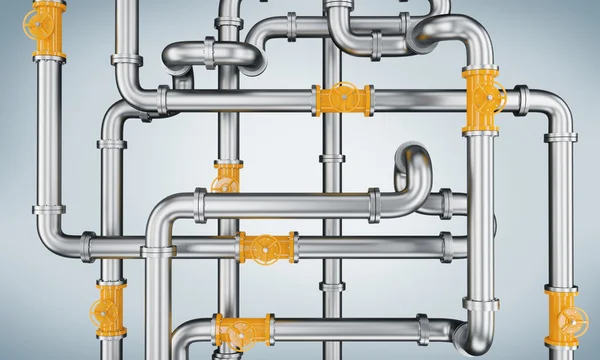 An element of a metal pipeline with yellow taps. Light grey background.