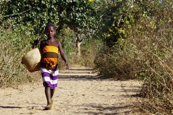 Poor african girl walking the african path with basket in hand