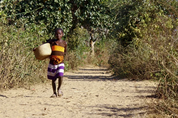 Poor african girl walking the african path with basket in hand