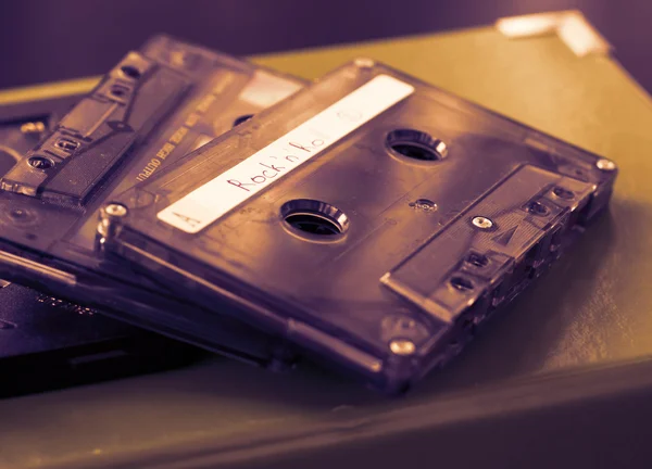 Stack of old audio tapes close up