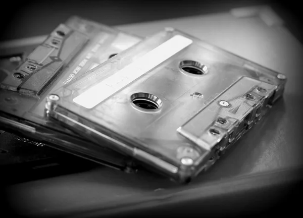 Stack of old audio tapes close up