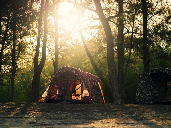 Recreational camping tents on sunset background