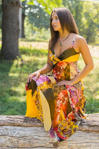 A young and attractive girl in beautiful summer dress middle of sunny meadows. Cheerful girl basking in the warm rays of the summer sun. Beautiful image of a carefree girl.