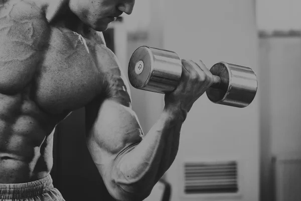 Bodybuilder makes exercise with dumbbells at the gym.