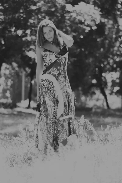 Photo beautiful girl in the park. A young brunette dress in the middle of delicate wildflowers. Portrait black and white photo of a girl with professional makeup.