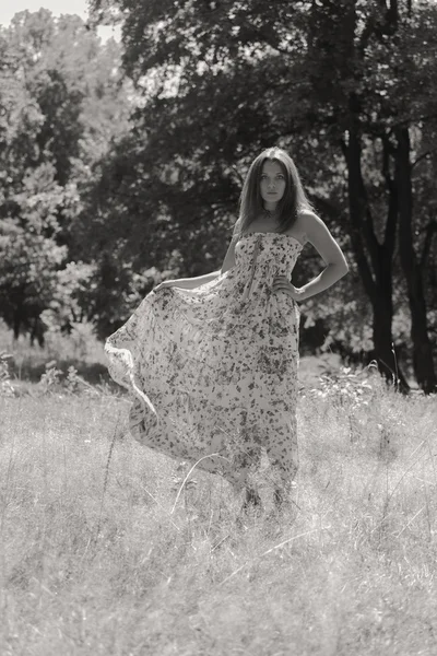 Young brunette woman in a white dress. A girl stands in the middle of pink flowers field on a sunny day. Field, flowers beauty, nature, - The concept of country vacation. Article about vacation.