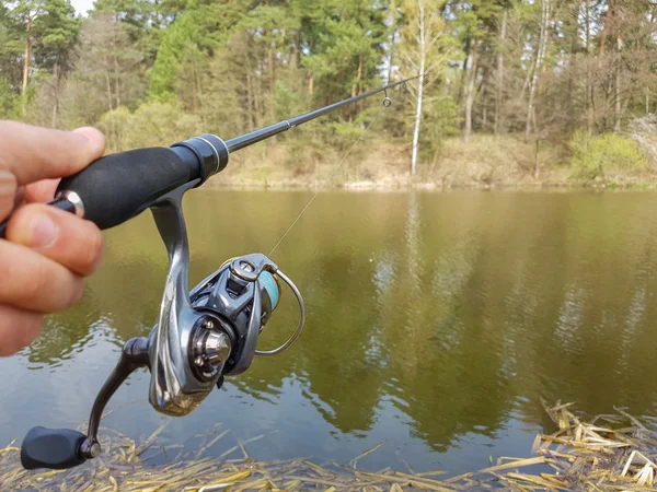 Angler with spinning. Successful fishing.