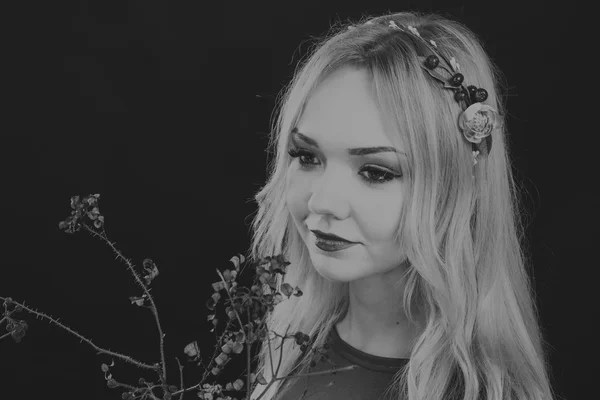 Woman with beautiful hair black and white portrait