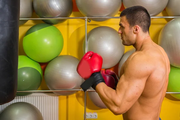 Muscular man in boxing gloves in gym