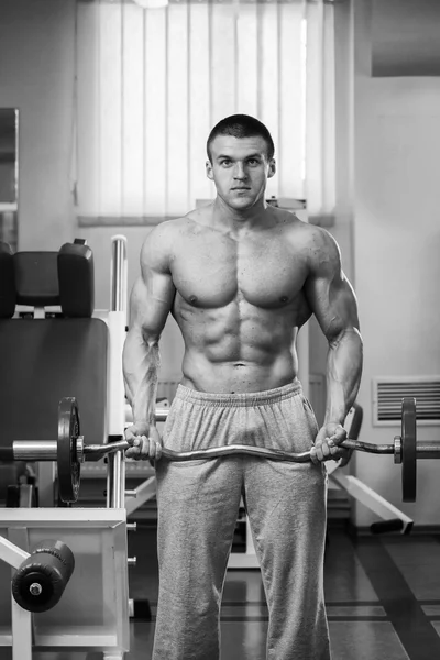 Professional bodybuilder shows his body on a dark background