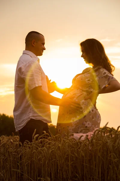 Beautiful pregnant woman on a walk in a wheat field