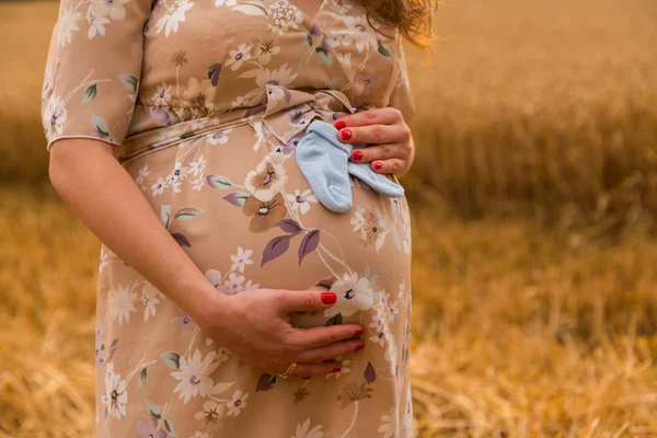 A pregnant woman in a wheat field. Happy woman in the field. The woman rejoices unborn child. Sincere emotions and joyful feeling. Beautiful country landscape. Wheat field awaiting harvest.