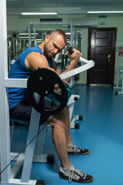 The athlete does bench biceps on the simulator in the gym. Hand muscle training on the simulator. Tense muscles of hands under load. Photos for sporting magazines, posters and websites.