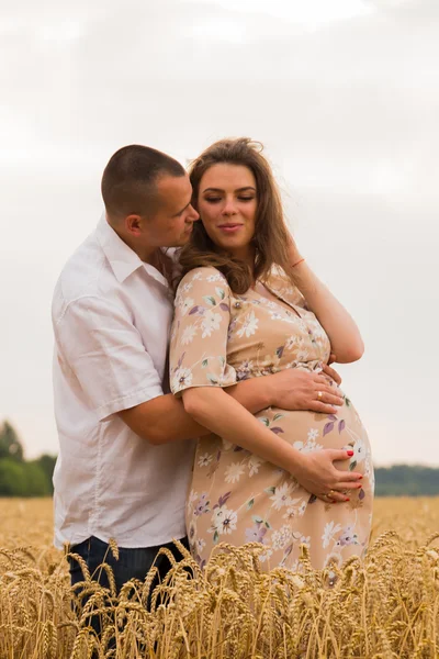 Young couple middle of wheat fields. A young man and a beautiful pregnant woman in tender embrace. Love and sincere feelings in a married couple. Photo for social and family magazines and websites.
