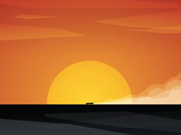 Fast car driving on dusty road with sunset in background. Bright orange sun and sky against black landscape.