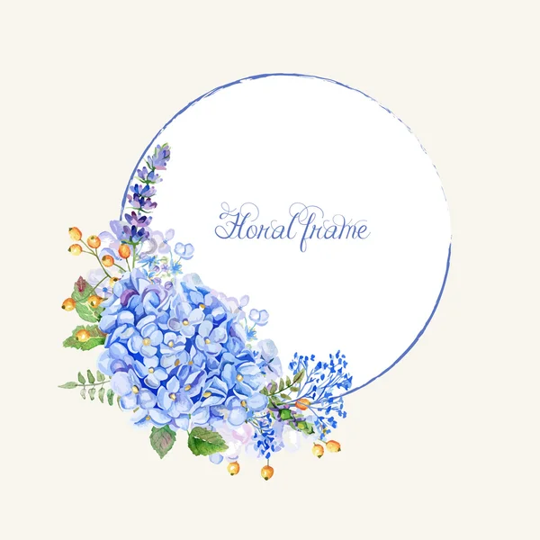 Vector round frame of blue hydrangea and other flowers.