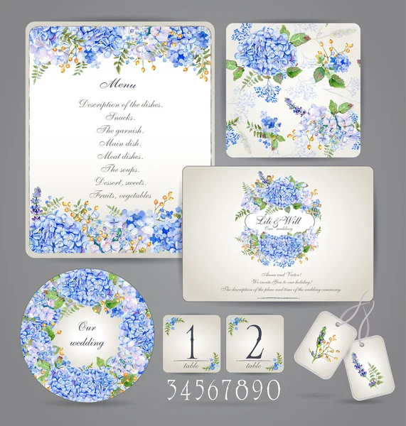 Set of templates for celebration, wedding. Blue flowers.