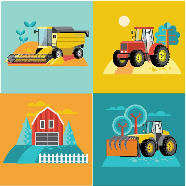 Vector set of agricultural vehicles and farm machines. Tractors, harvesters, combines.