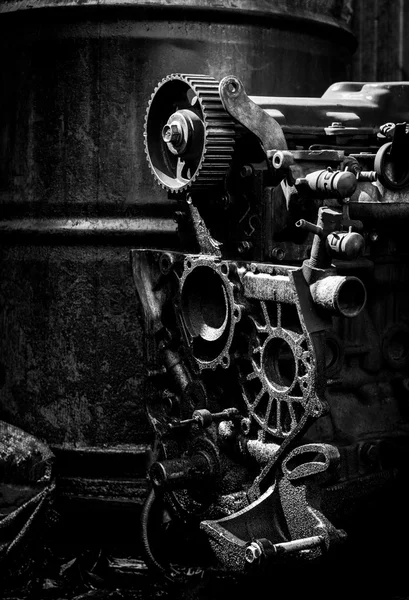 Old car engine, black and white photo