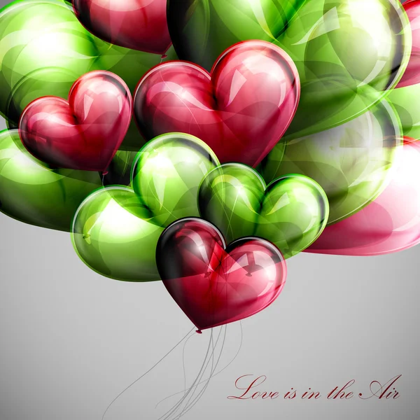 Vector holiday illustration of flying bunch of multicolored balloon hearts. Valentines Day or wedding background. Love is in the Air