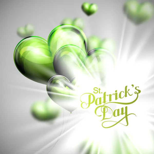 Vector typographical illustration of handwritten Saint Patricks Day label on the holiday background of flying green balloon hearts and shiny burst.  holiday lettering composition