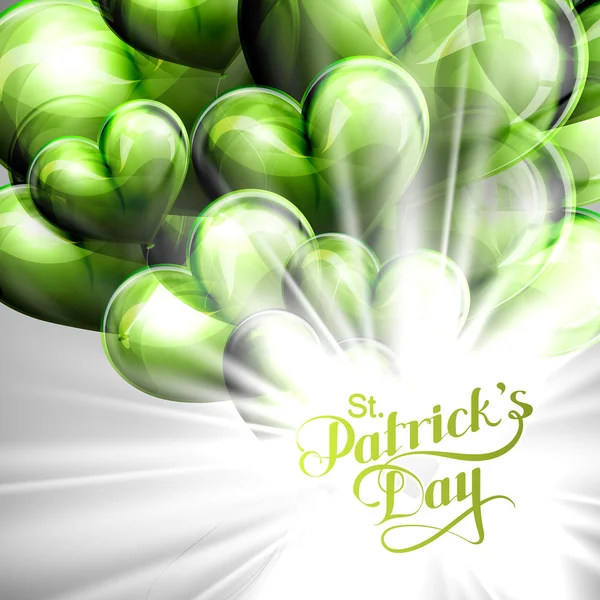 Vector typographical illustration of handwritten Saint Patricks Day label on the holiday background of flying green balloon hearts and shiny explosion.  holiday lettering composition