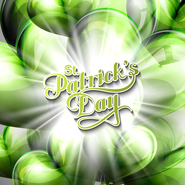 Vector typographical illustration of handwritten Saint Patricks Day label on the holiday background of flying green balloon hearts and shiny burst or explosion.  holiday lettering composition