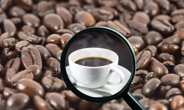 Magnifying glass with background of roasted coffee beans to be coffee cup, food and drink with business concept