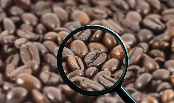 Magnifying glass with background of roasted coffee beans to be ice coffee cup on store blurred background, food and drink with business concept