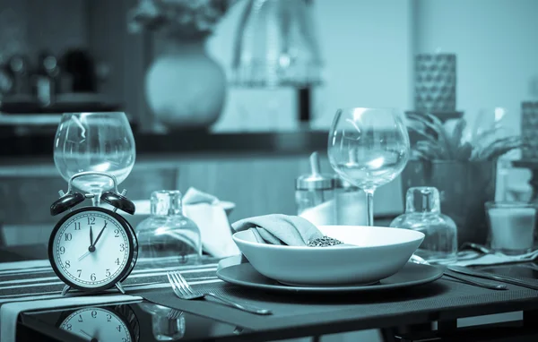 Restaurant set with vintage clock at lunch time at Luxury Interior kitchen room background