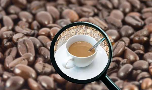 Magnifying glass with background of roasted coffee beans to be ice coffee cup on store blurred background, food and drink with business concept