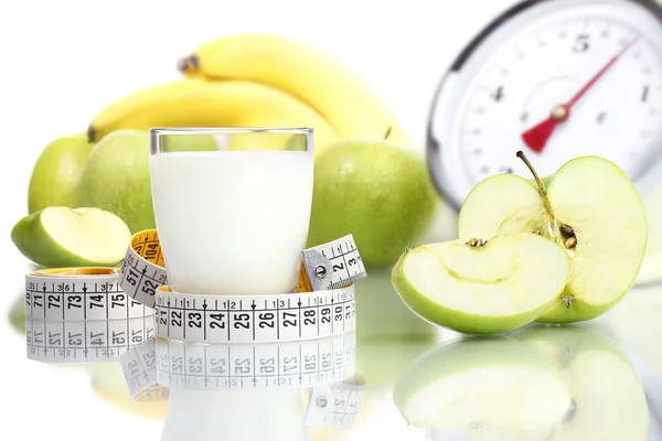 Diet food milk glass, fruit Apple meter scales