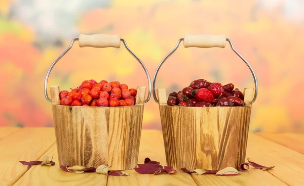 Rowan berries and rose hips in wooden buckets on autumn leaves.