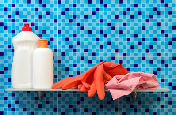 Hygiene cleanser on bathroom shelf