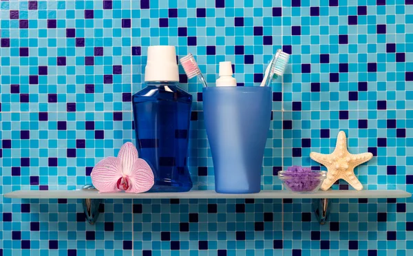 Bath accessories on blue