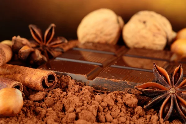 Aromatic set of chocolate,anise and cinnamon on cocoa powder