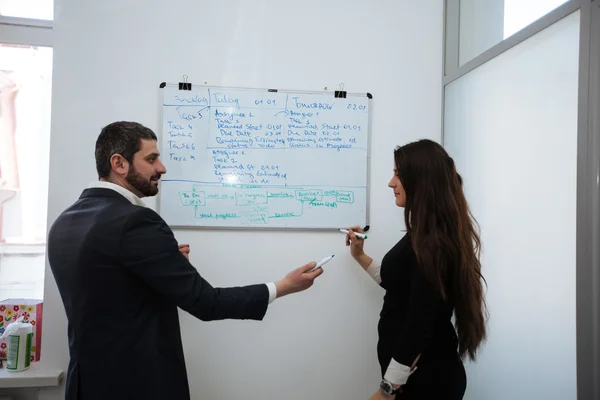 Smart and confident boss pointing at whiteboard and looking at m