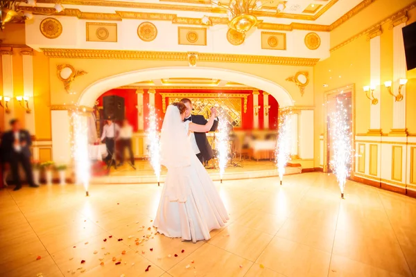 Happy bride and groom and their first dance, wedding in the eleg