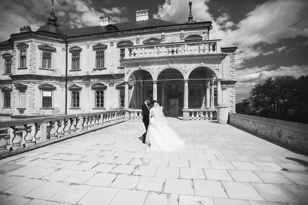 Wedding couple next to castle in west Ukraine, black and white