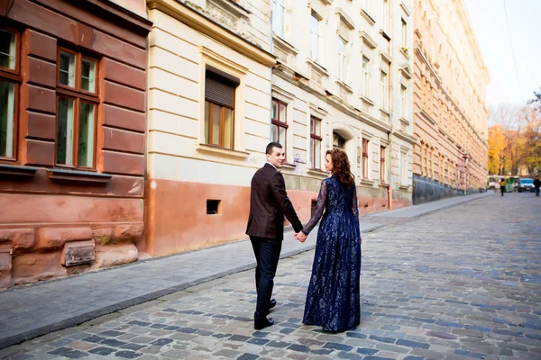 Declaration of love. Young happy couple in the city. Young man a