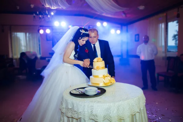 Happy wedding couple handsome groom and blonde bride carving delicious wedding cake