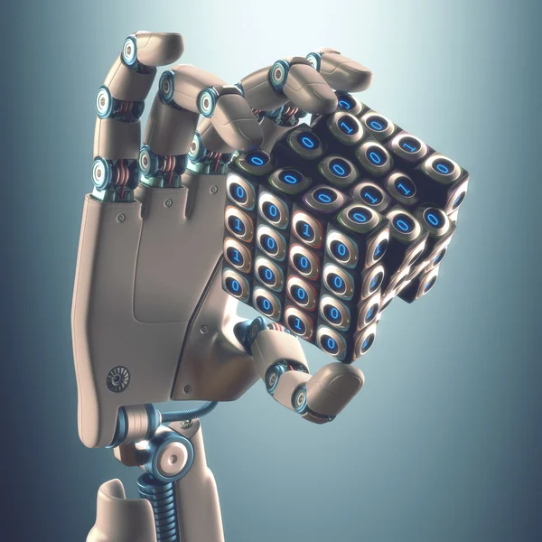 Robot hand holding a binary cube