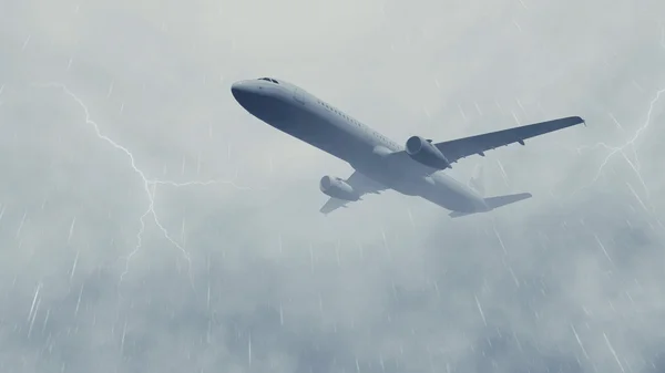 Airliner in a stormy sky with lightnings