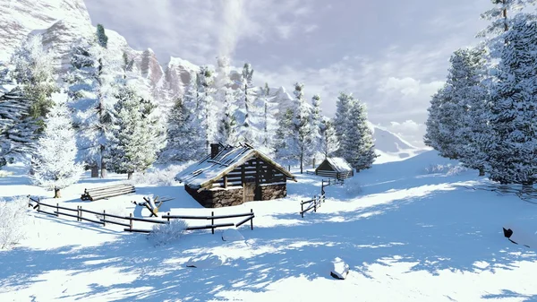 Cozy little cabin in a snowy mountains